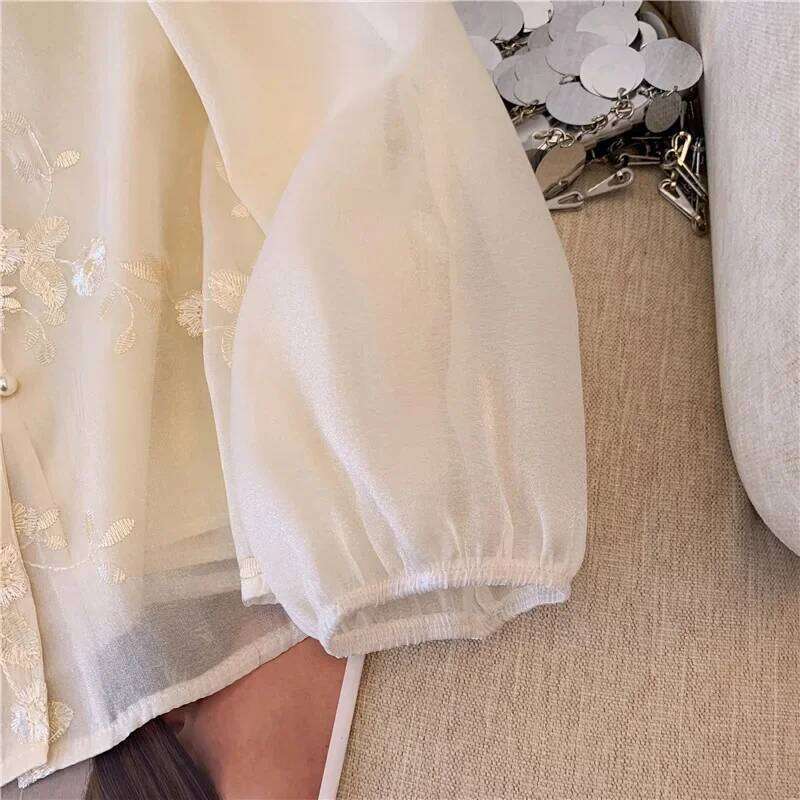 Chiffon Chinese Style Women's Shirt Summer Vintage Embroidery Blouses Loose Long Sleeves Women Tops Fashion Clothing DREAM RECALL