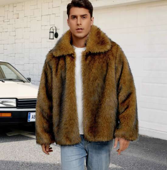Men's collared short-style faux fur jacket - warm coat, plush coat, overcoat H260128