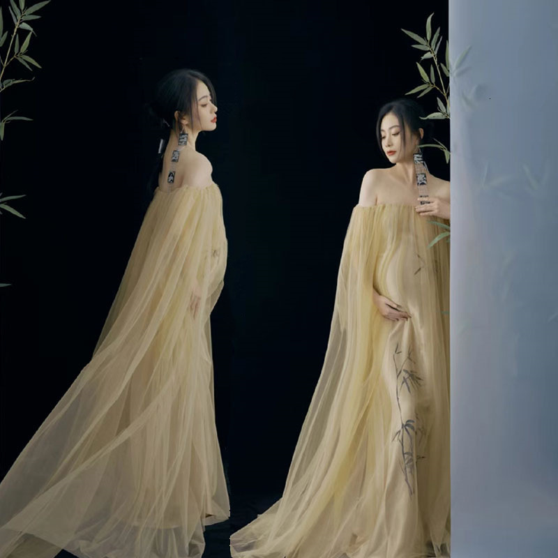 Pography Theme Maternity Chinese Style Po Shoot Outfit Pregnant Mom Big Belly Po Ink Painting Style Shooting Long Dress 240507