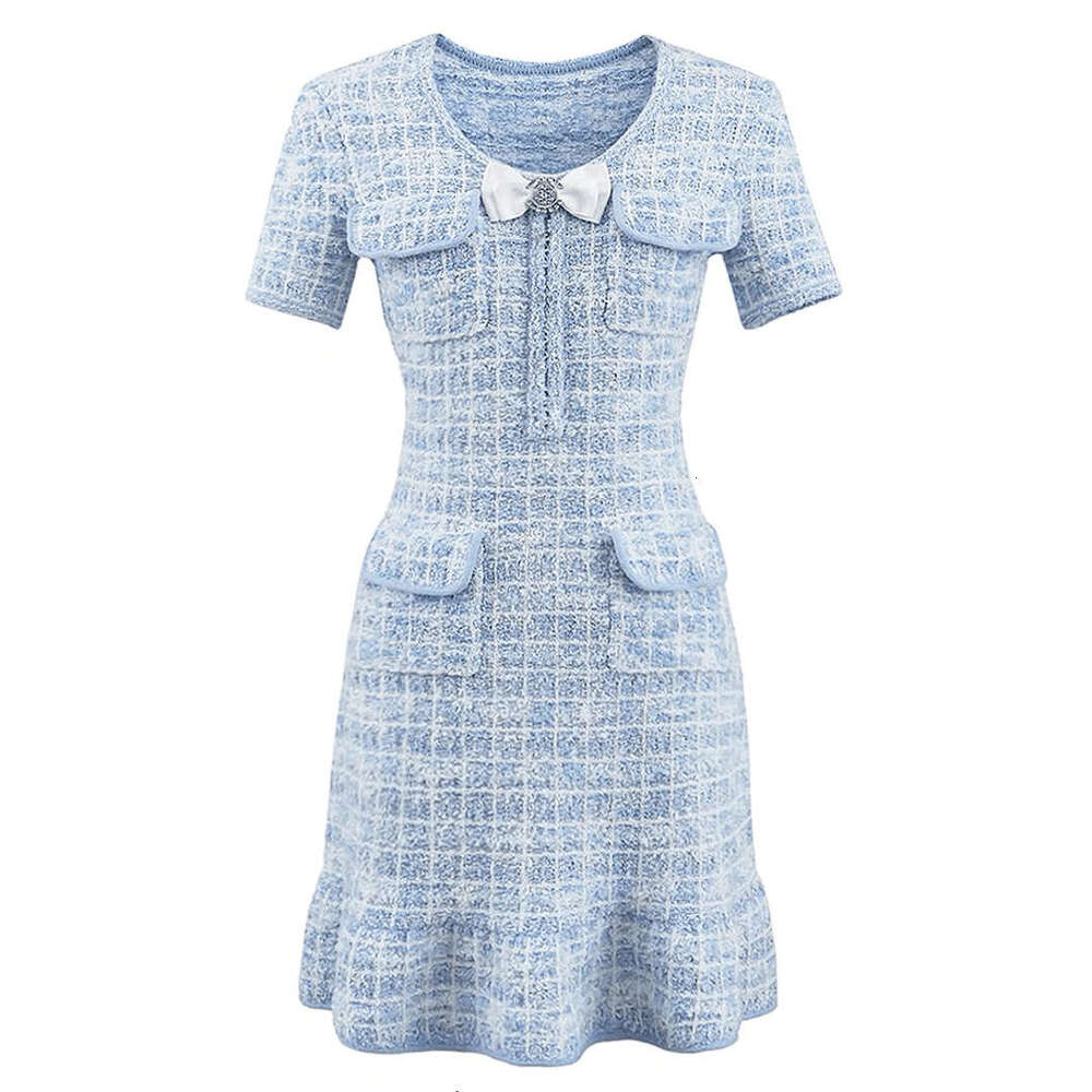 2026 Spring Style Social Elegant Bow Slimming Ruffle Grid Knitted Dress for Children