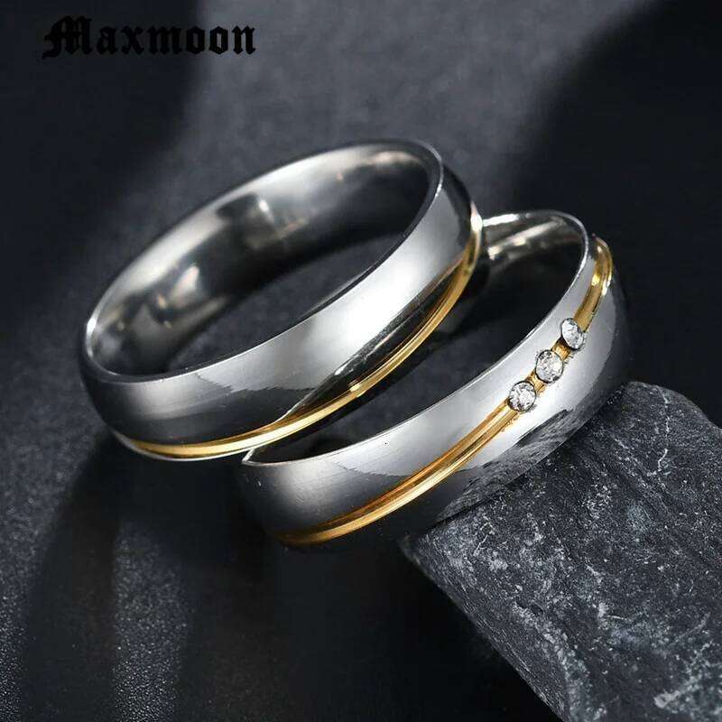 Maxmoon 2019 New Gold color Stainless Steel Wedding Bands Shiny Crystal for Female Male Jewelry 6mm Engagement Ring XJ260127