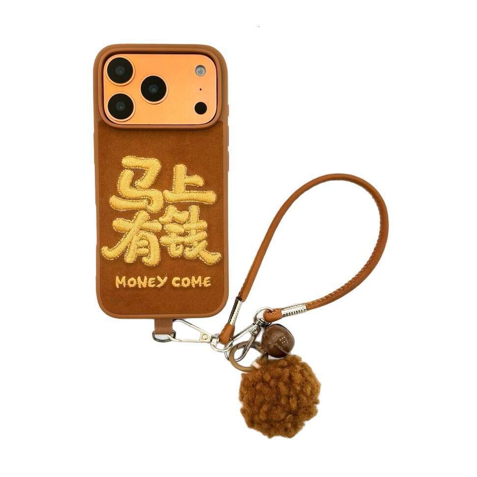 Embroidery Get Rich Quickly Compatible with Apple Pro Max Phone Xiaomi 17 Hand Strap Pom Huawei P80 Soft Case S260128