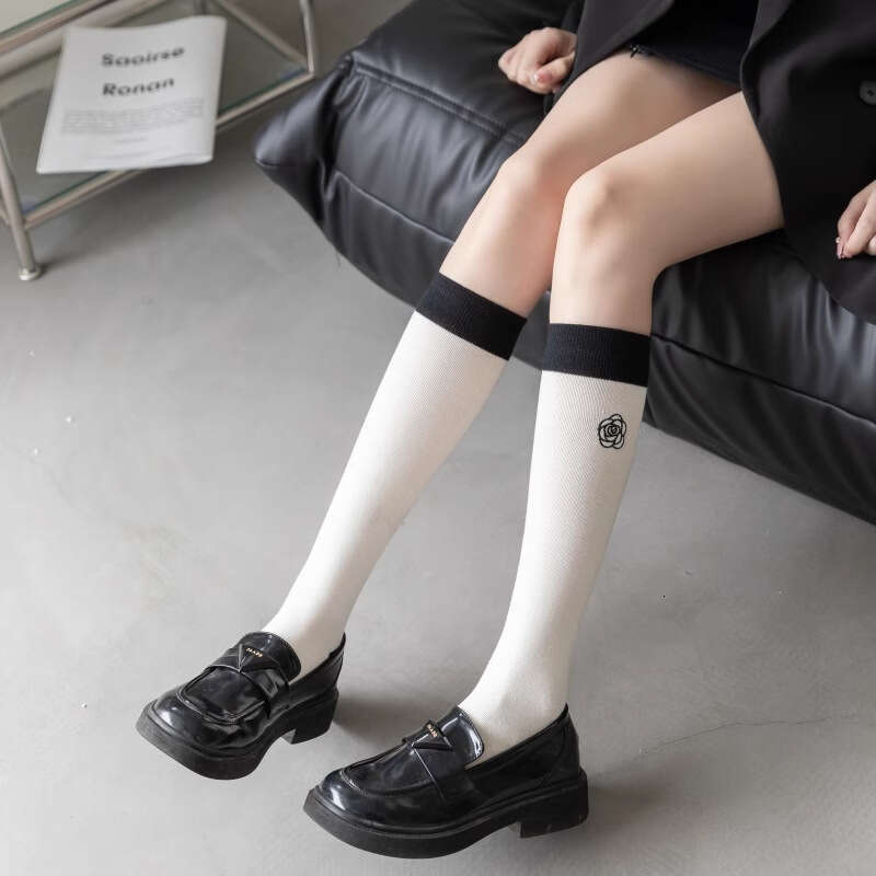 Black and White Color-Block Embroidered Calf Patchwork Leg Ins Trend Japanese College Style JK Long Tube Knee-High Socks