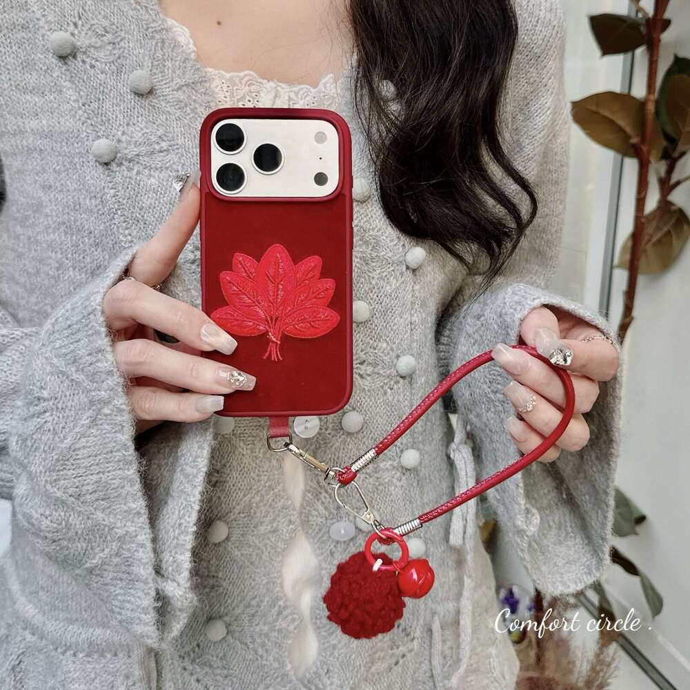Embroidered Red Grapefruit Leaf Case for Apple 17 Pro Max iPhone 16/15/14 with Strap and Pom-Pom S260128