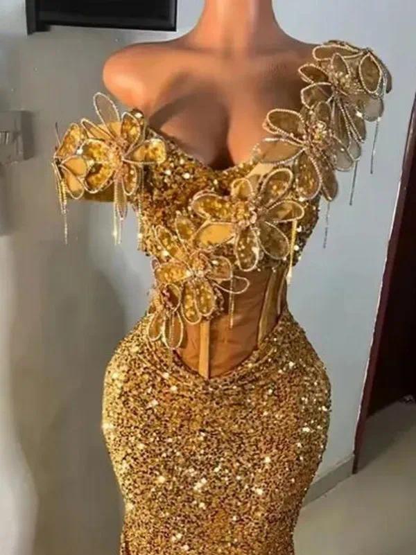 Sparkly Gold Sequined Evening Dresses Aso Ebi Beautiful Flowers Corset Bodice Special Occasion Gown Sweep Train Mermaid Women Second Reception Prom Dr