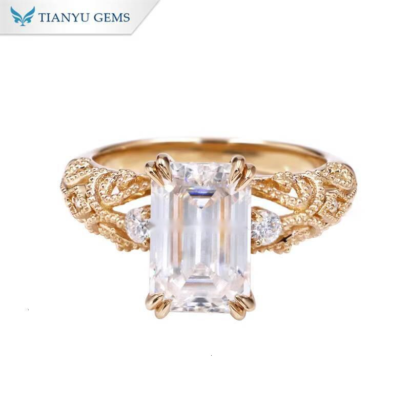 Tianyu Hollow Pattern 65x10mm Emerald Cut D VVS Moissanite Diamond Custom Jewelry 10K 14K 18K Charming Solid Gold Rings