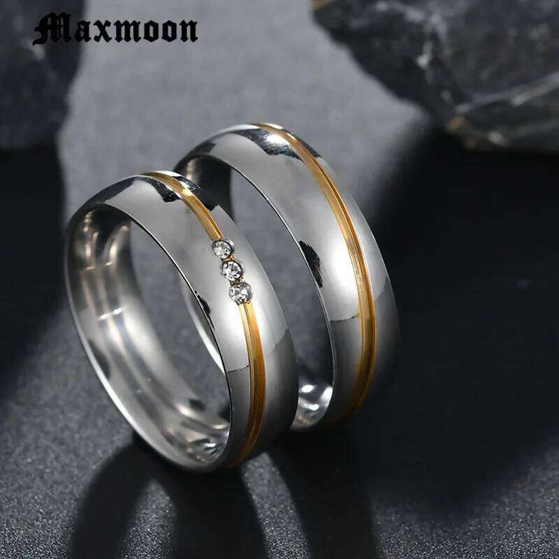 Maxmoon 2019 New Gold color Stainless Steel Wedding Bands Shiny Crystal for Female Male Jewelry 6mm Engagement Ring XJ260127