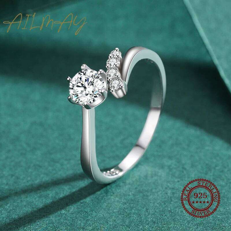 Ailmay Real 925 Sterling Silver Fashion Simplicity Clear Zircon Six Claw Asymmetry Ring Arm For Women Wedding Engagement Jewelry XJ260127