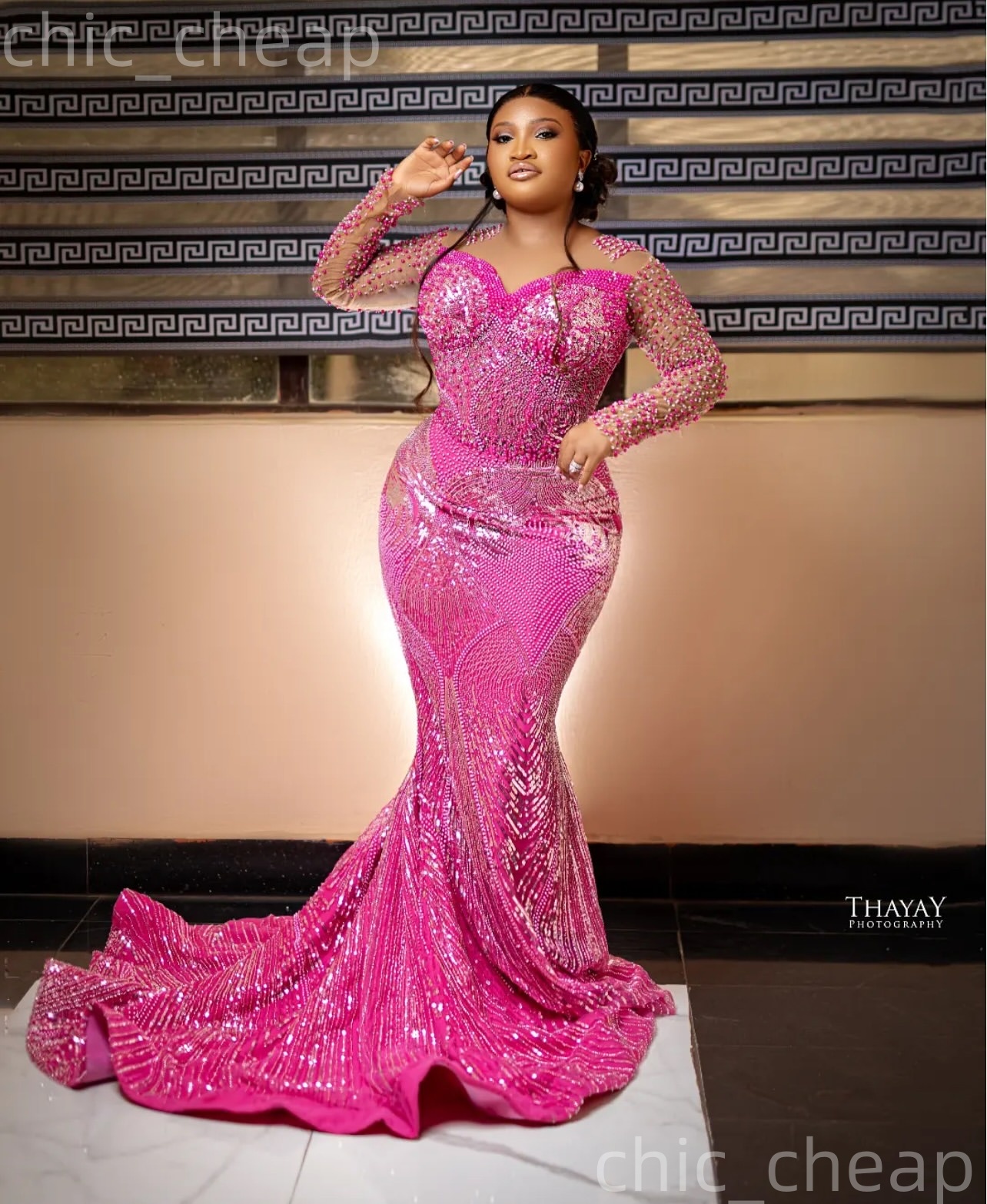 Aso Ebi Fuchsia Mermaid Prom Dresses 2026 Pearls Beaded Sheer Neck Sequined Evening Formal Party Second Birthday Engagement Gowns Dress For Special Oc