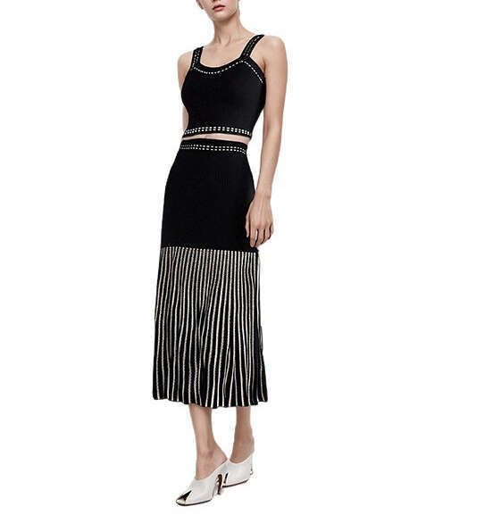 2026 Spring/Summer Black Knitted Elegant Belt Hollow Beaded Vest Top Skirt Fashion Casual Set