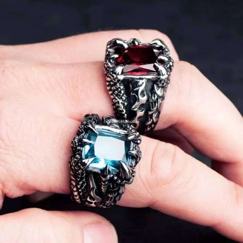 1Pc Gothic Blue and Red Crystal Evil Demon Dragon Claw Ring for Men Gram Biker Punk Rock Hip Hop Cool Jewelry Accessories XJ260127