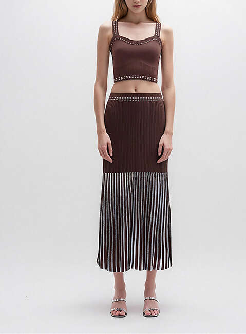 2026 Spring/Summer Black Knitted Elegant Belt Hollow Beaded Vest Top Skirt Fashion Casual Set