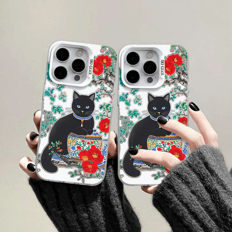 Oil Painting Peony Black Cat for Apple 15 Pro Max High-Value Phone Case iPhone 16 Cartoon 14 Premium S260128