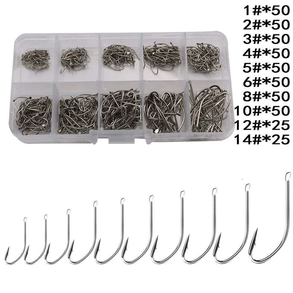450pcs/Box 1-14# Sharpened Ultrapoint Carp Treble Circle Cat Fish Hooks Set Mixed Sizes Fishhook Fishing Tackle Z260128
