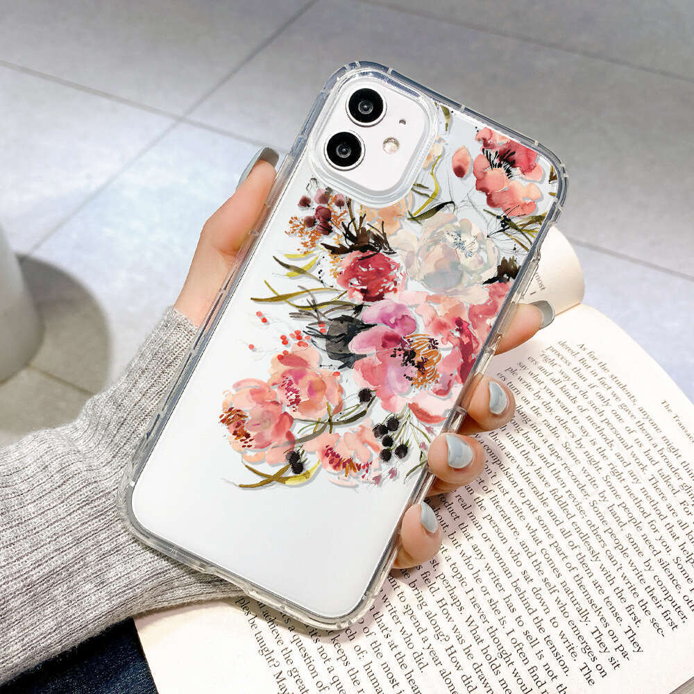 Flower Ins Style Suitable for iPhone 15 Pro Max Airbag Phone Case 14/13 Shockproof 12 11 Trendy Rose Print S260128