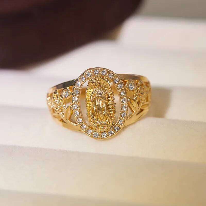 Classic Hip Hop Punk Gold Color Skeleton Flower Oval Mary Portrait Ring Unisex Fashion Party Jewelry Accessories XJ260127