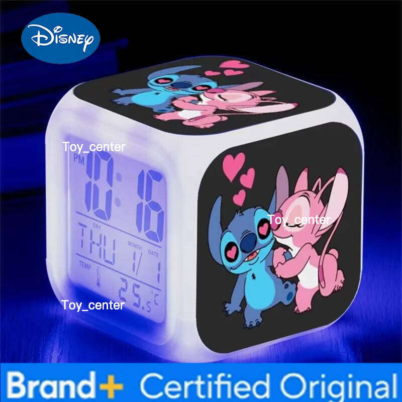 Disney Stitch Alarm Clock Anime Figure Angel Led Nightlight 7 Color Change Student Desk Decoration Toys Accessory Kids Gifts H260128