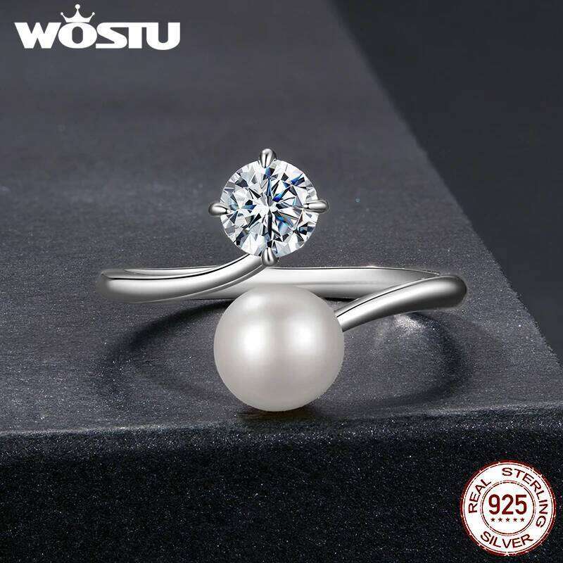 WOSTU Forever Love Moissanite Natural Pearl Opening Ring s925 Silver Diamond Cut Adjustable Rings Lady Anniversary Mom's Gift XJ260127