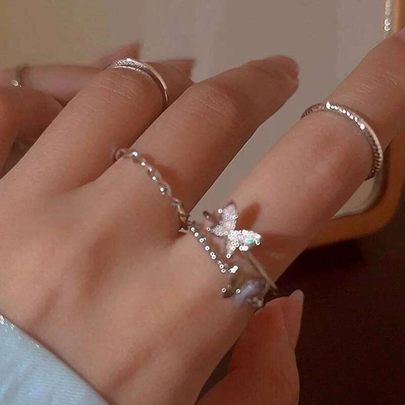 4Pcs Plain Circle Butterfly Set Silver Color Opening Adjustable Fashion Personalized Finger Ring For Women Trendy Jewelry XJ260127