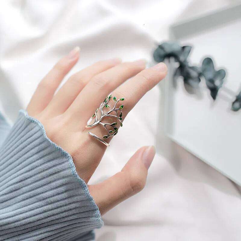 Buyee 925 Sterling Silver Female Big Flower Finger Green leaf Open Ring for Women Fashion Party Fine Jewelry Circle Gift XJ260127