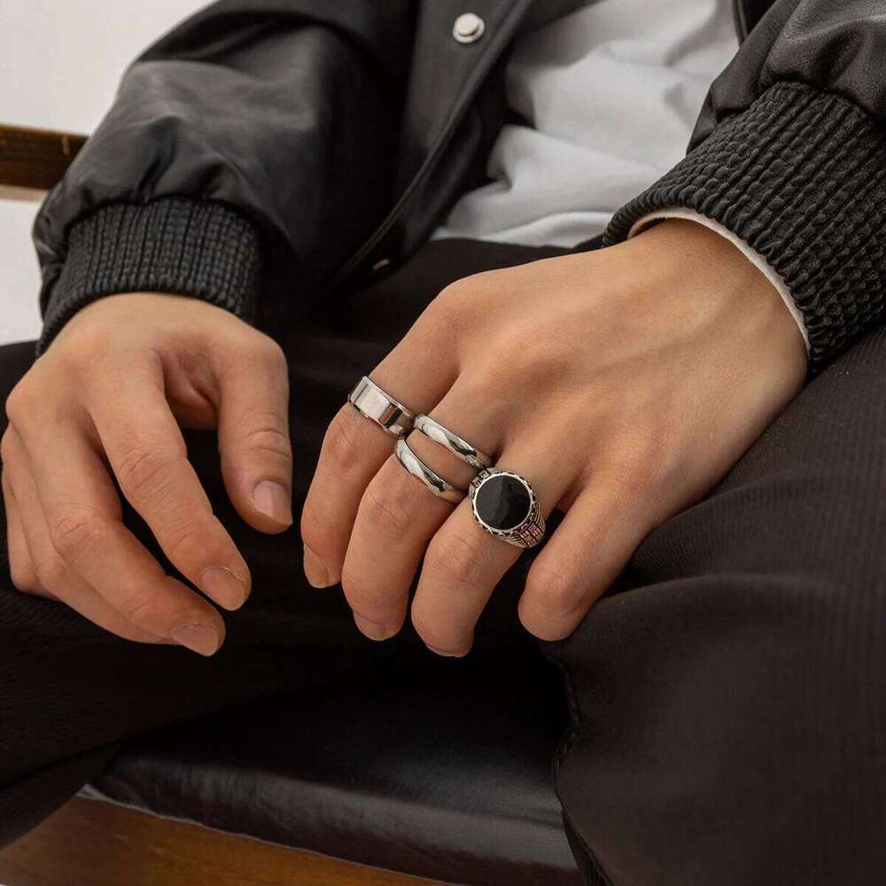 4Pcs Retro Simple Stainless Steel Opening Adjustable Wide Men's Gothic Pattern Metal Ring Casual Jewelry XJ260127