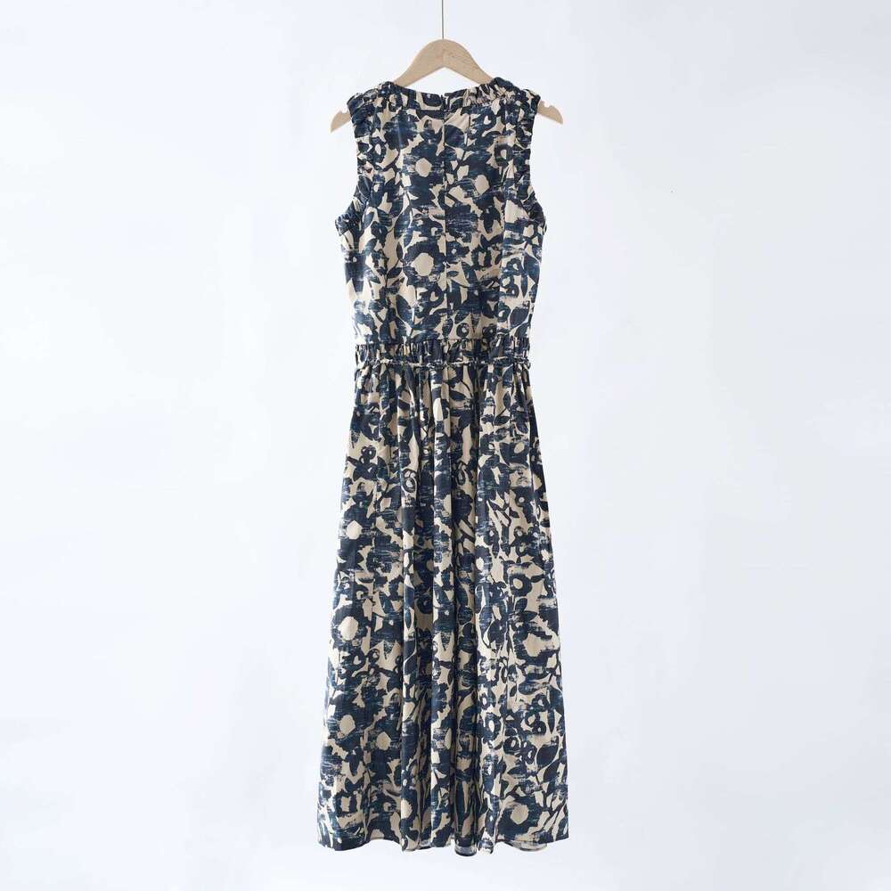 2026 Summer New Designer Cotton Poplin Printed Round Neck Sleeveless Dress for Women with Belt