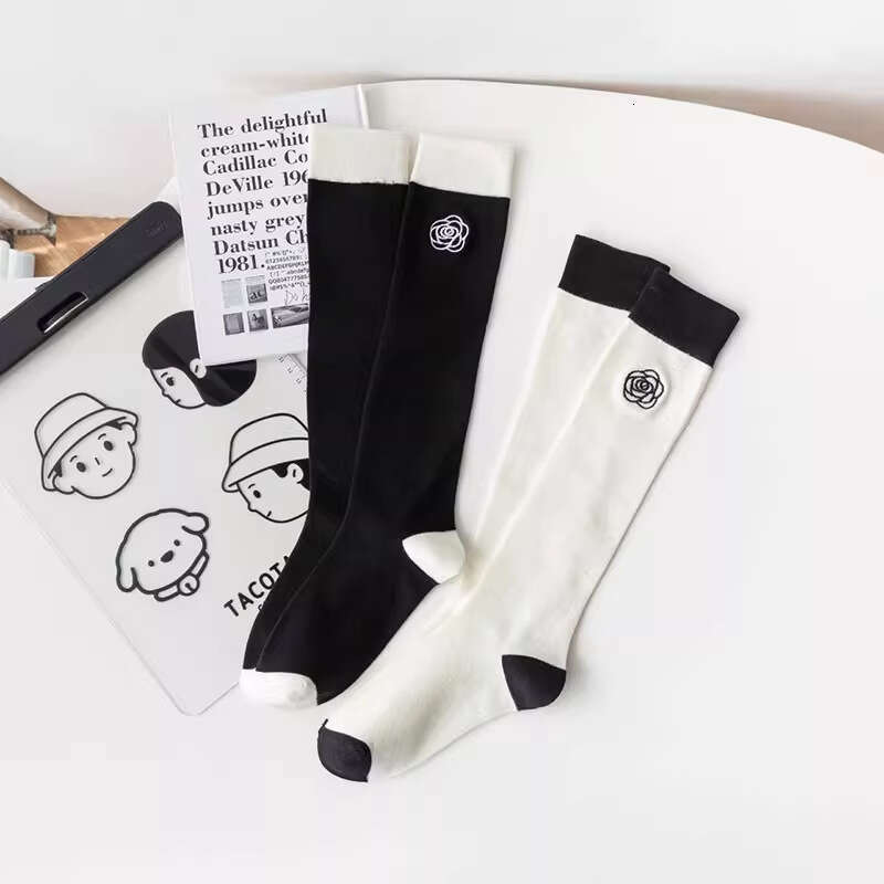 Black and White Color-Block Embroidered Calf Patchwork Leg Ins Trend Japanese College Style JK Long Tube Knee-High Socks