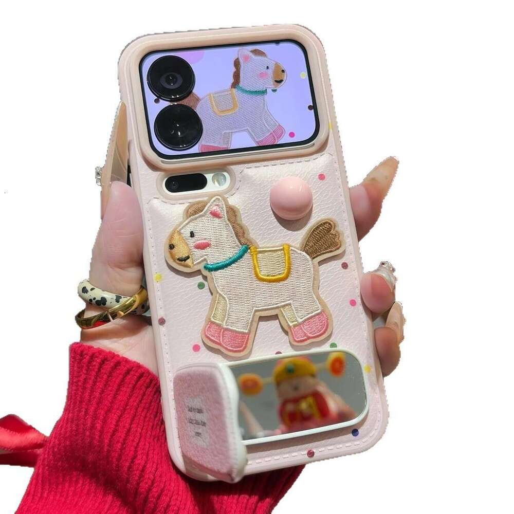 Girly Pink Polka Dot Embroidery Pony Stand Compatible with Apple 16/17 Pro Phone Case IP15 Candy Cushion 14 Soft S260128