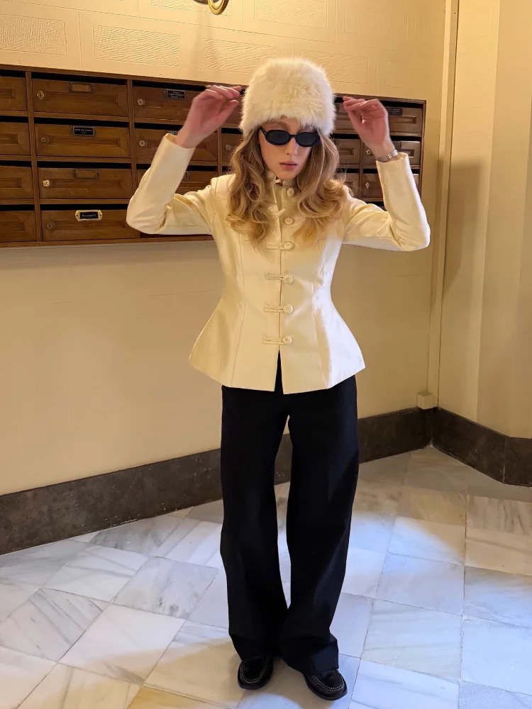Elegant Satin Short Mandarin Jacket Women Chic Full Sleeve Waist Cinching Single Breasted Coats 2026 Lady Spring Commute Jacket 260128 - view 4