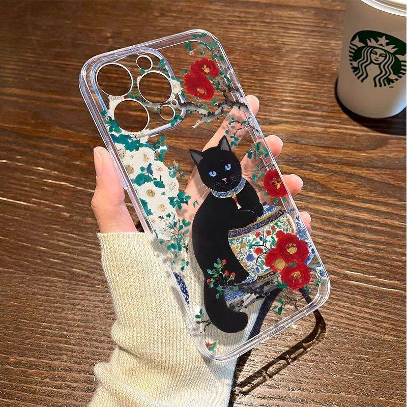 Blue and White Porcelain Peony Black Cat Case for iPhone 16, 15 Pro Max, Niche 14 Pro, Apple 13/12 S260128