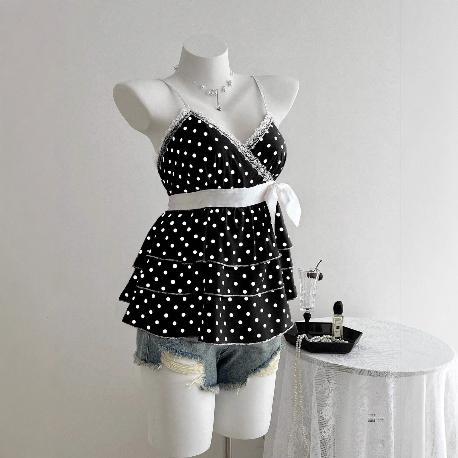 Sweet Girl Camis Lace Korea Kawaii Loose Polka Dot Sexy Bow Harajuku Women Clothing Aesthetic Tank Top Femme Grunge Y2k Crop Top 250411