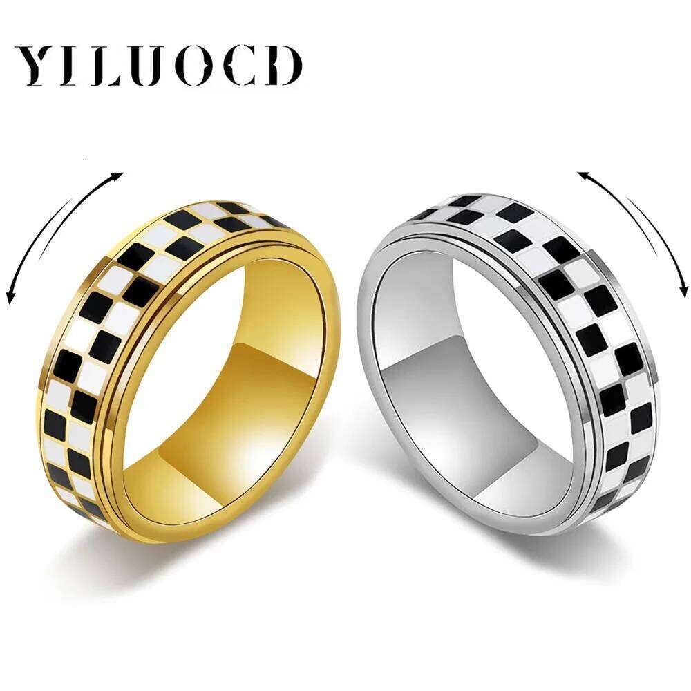 Stainless Steel Checkered Fidget Spinners Rings Black and White Checkerboard Rotate Ring for Stress Relief Spinner Jewelry XJ260127
