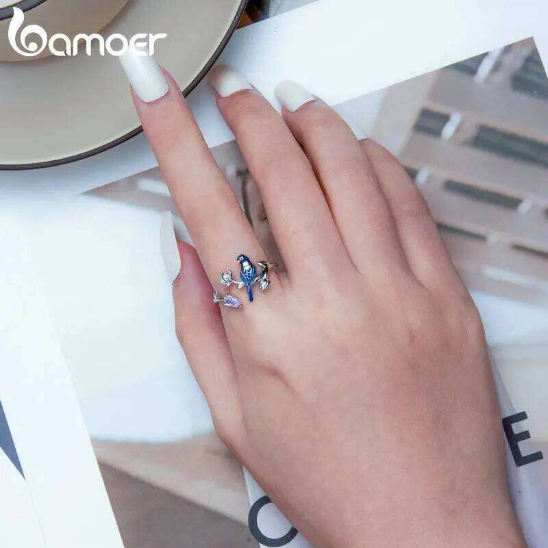 Bamoer 925 Sterling Silver Exqusite Blue Bird for Women Fine Jewelry Dainty Leaf Open Ring Fashion Wedding Gift BSR288 XJ260127