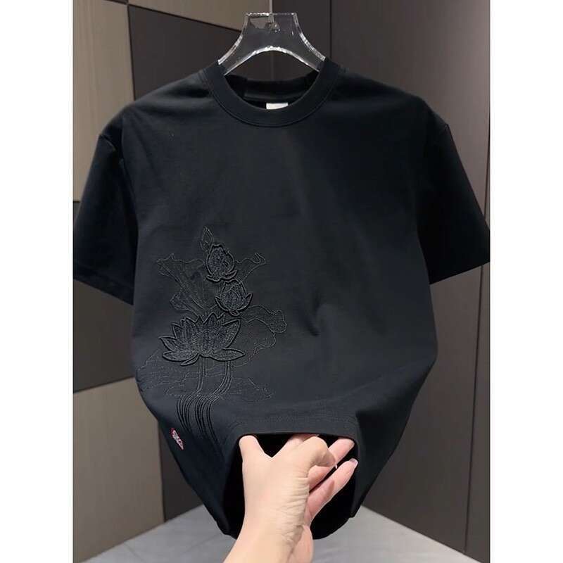 New Arrivals Style Embroidery Heavy Craftsmanship Trendy Short Men's Summer New Solid Color High-End T-Shirt Round Neck Pullover Half Sleeve Luan