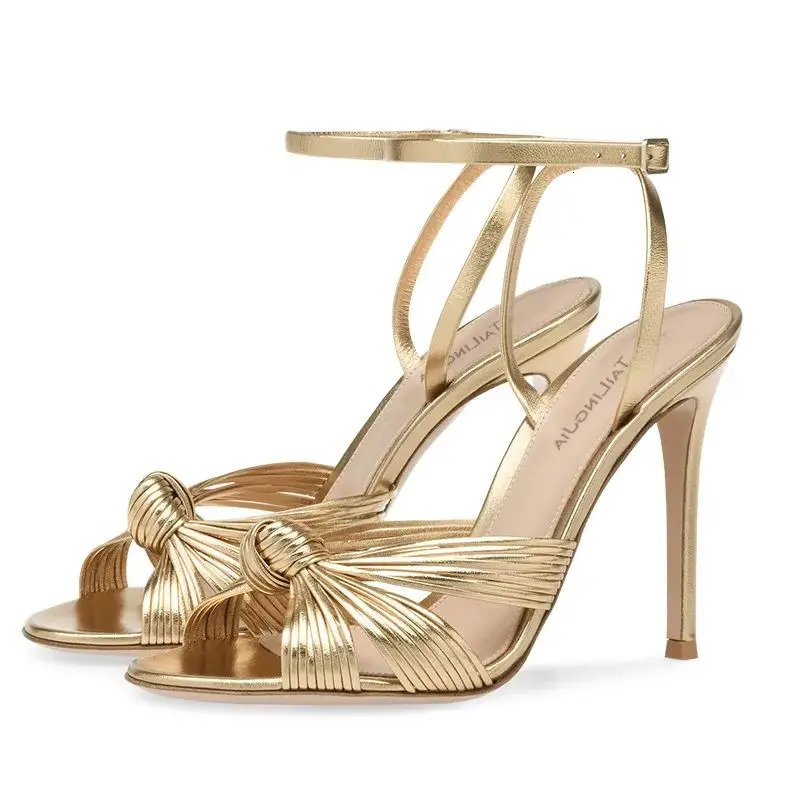 Summer woven stiletto fish mouth light gold PU sandals thin high-heeled banquet dress customized large-size womens shoes 260122