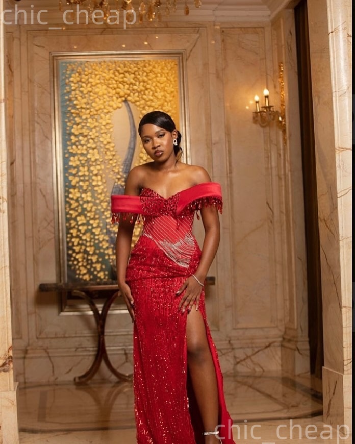 Aso Ebi Red Mermaid Prom Dresses 2026 Crystals Beaded High Split Sequined Evening Formal Party Second Birthday Engagement Gowns Dress For Special Occa