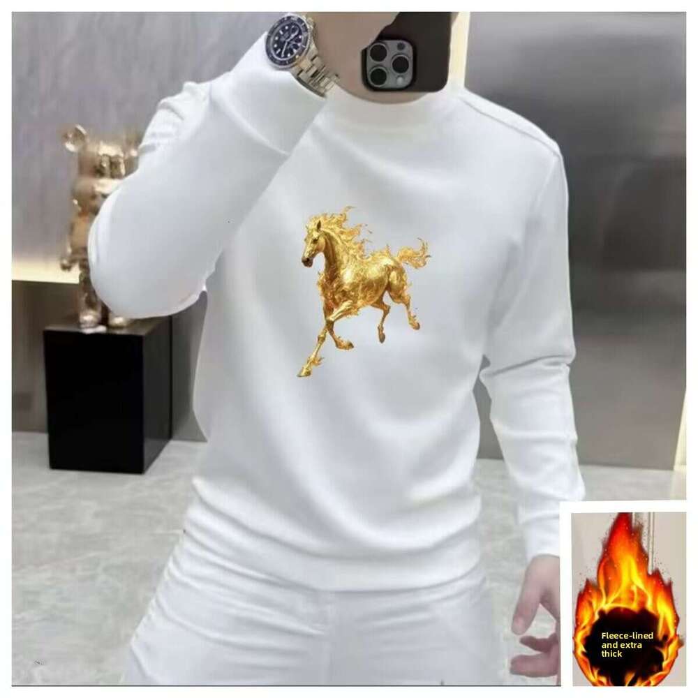 Horse New Printed Sweatshirt For Men Red Round Neck Long Sleeve Fleece Lined Zodiac Year Clothing Warm Top