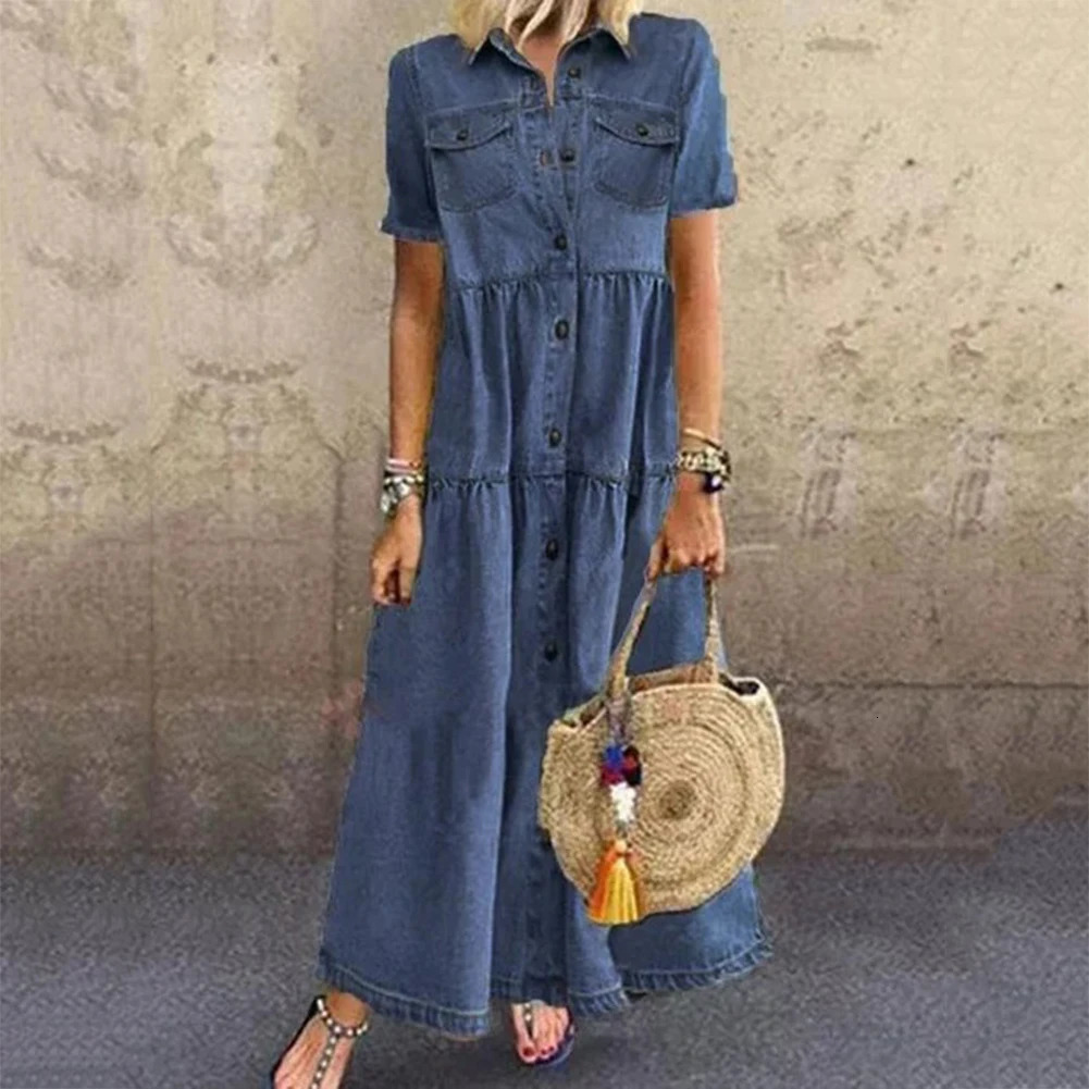 Retro Women Dresses Short Sleeve Turn Down Collar Pockets Button Long Loose Denim Dress Summer Long Dress 260128
