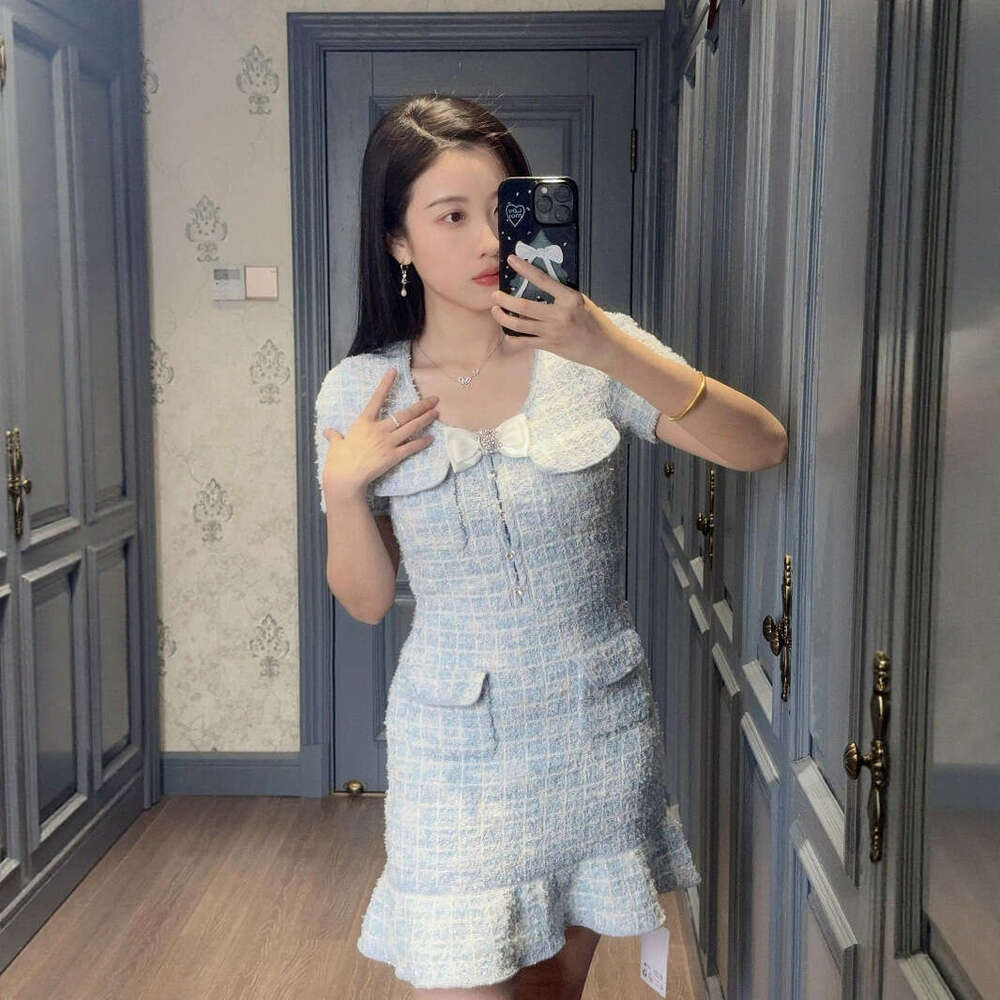 2026 Spring Style Social Elegant Bow Slimming Ruffle Grid Knitted Dress for Children