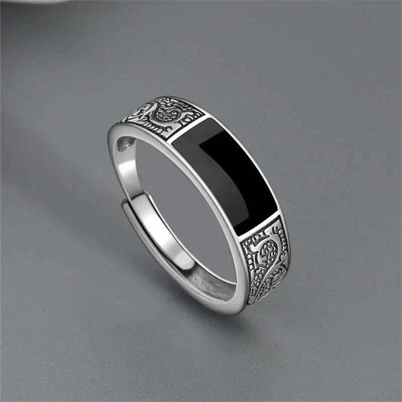 Trendy Vintage Silver for Men Jewelry Black Rectangle Retro Dragon Pattern Ring Male Rings Adjustable XJ260127