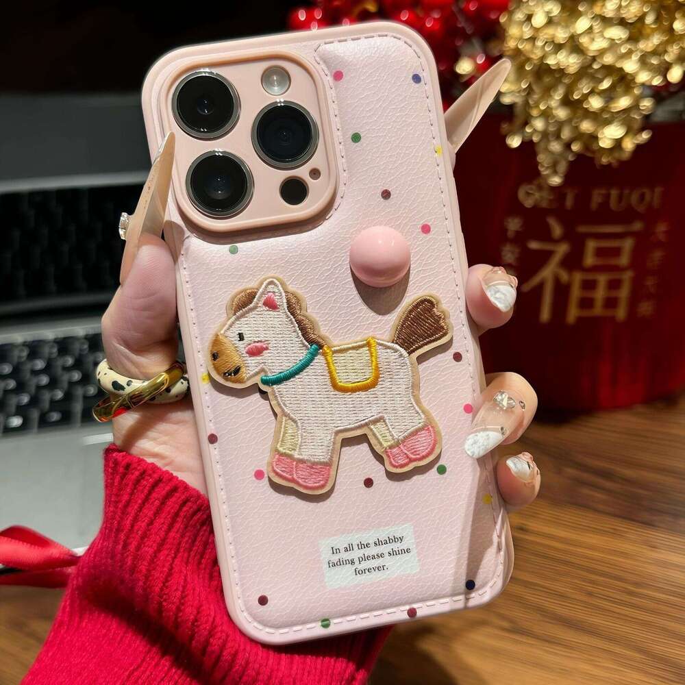 Girly Pink Polka Dot Embroidery Pony Stand Compatible with Apple 16/17 Pro Phone Case IP15 Candy Cushion 14 Soft S260128