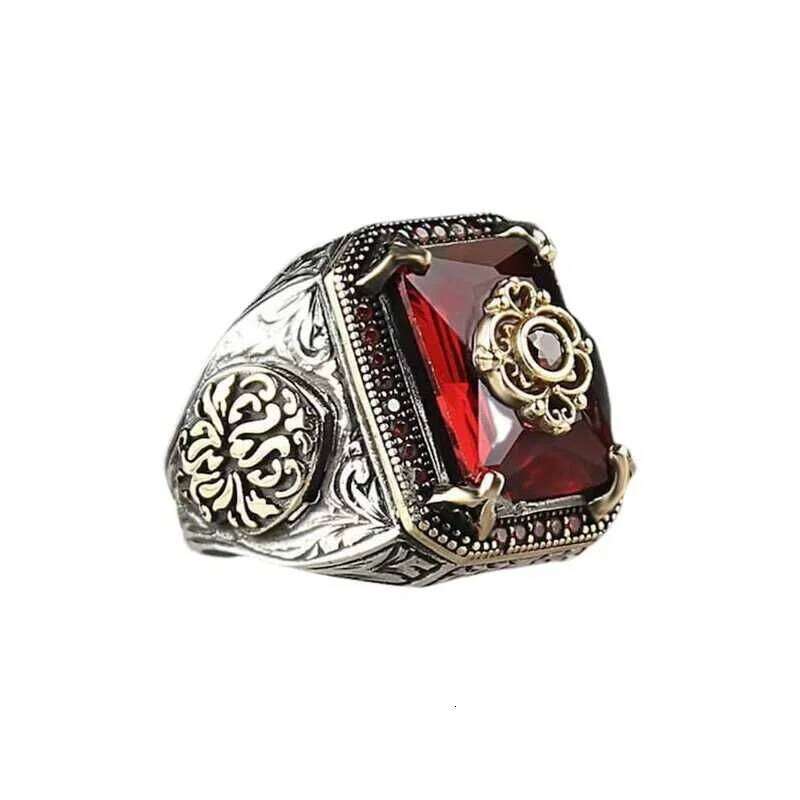 Retro Handmade Turkish Signet for Men Women Ancient Silver Color Carved Inlaid Red Zircon Punk Motor Biker Ring XJ260127