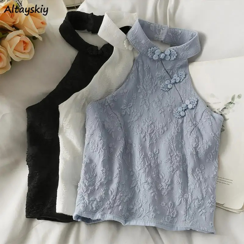 Backless Halter Tanks Women Chinese Style Elegant Irregular Crop Tops Vintage Summer Fashion Gentle Ladies Aesthetic Clothing 260128