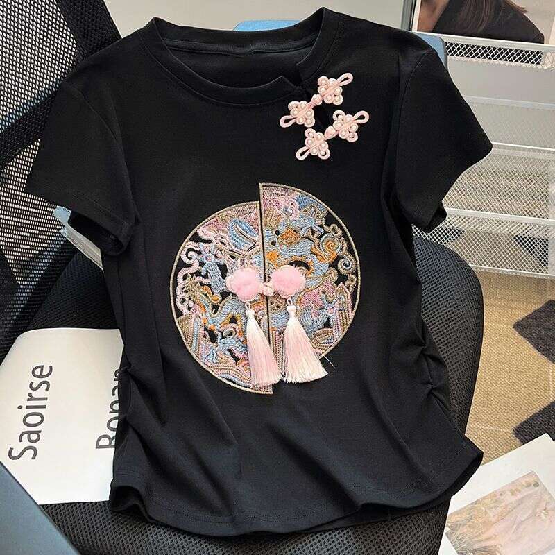 2025 Summer National Fashion Niche Retro Hollow Embroidery New Chinese Style Button Slimming Short Sleeve T-Shirt For Women