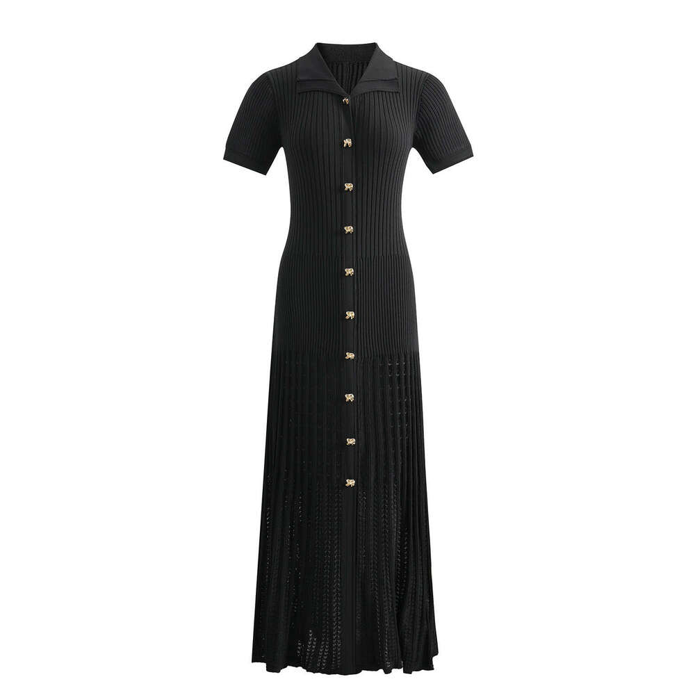 Ribbed slim fit new 2026 women's lapel pullover elegant hollow knit waist tight long skirt