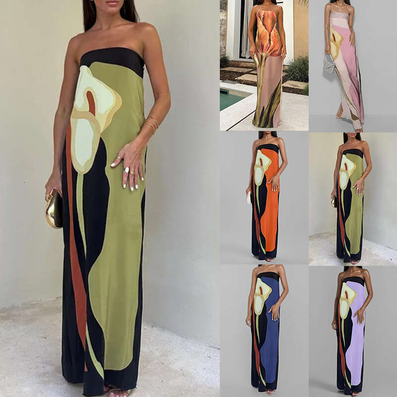 2026 spring European and American foreign trade women's fashionable sleeveless off shoulder tube top sexy backless printed dress