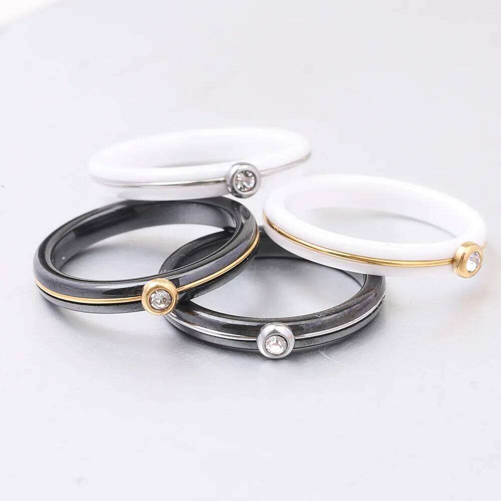 HNSP 4MM luxury Zircon Ceramic Black White Ring For Women Finger Jewelry Accessories XJ260127