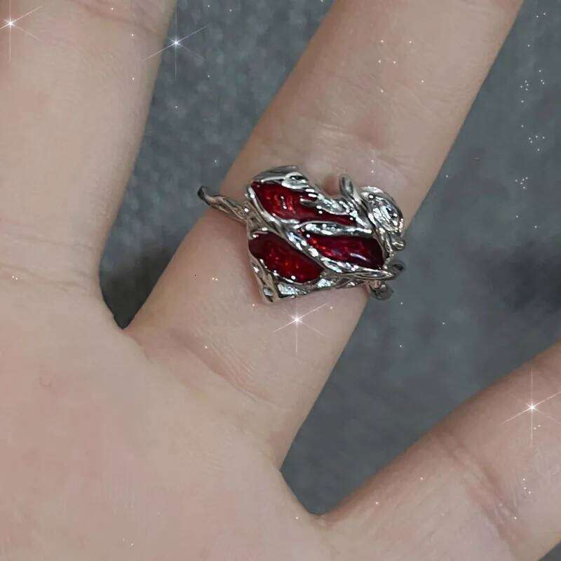 Irregular Red Crystal Glass Butterfly Aesthetic Rings for Women Y2K Gothic Spider Cross Ring Creative Grunge Jewelry Accessories XJ260127