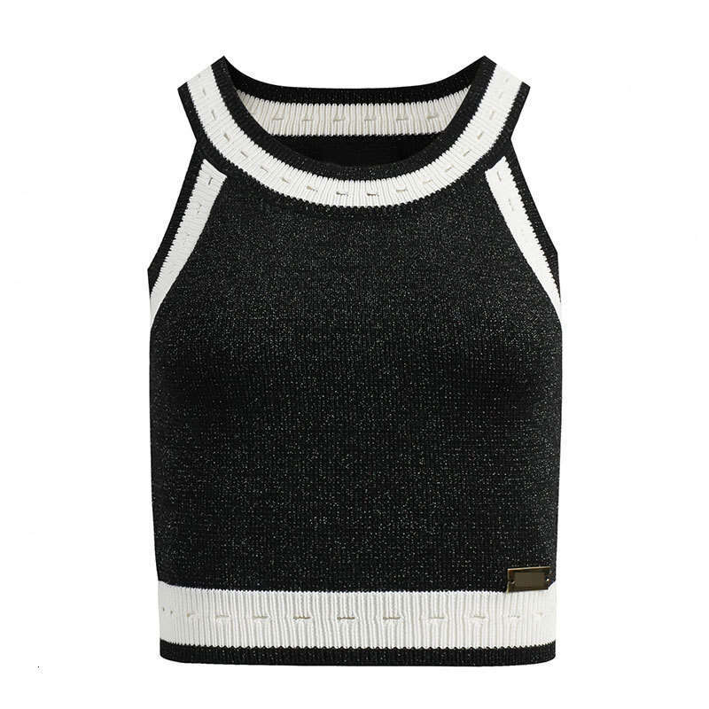 2026 designer high-end style sleeveless knitted vest shiny vest short inner hollow top