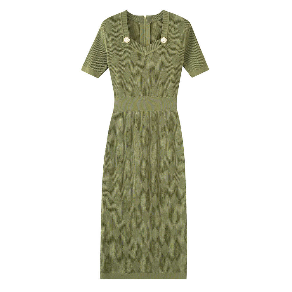 Square neck sexy and elegant women's knitted short sleeved 2026 summer metal buckle tight style dress